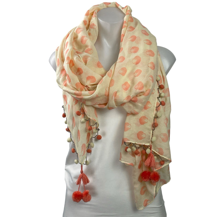 Star Mela Coral Seashell Tassel Tie Pom Pom Boho Shawl Wrap Neck Scarf Size OS