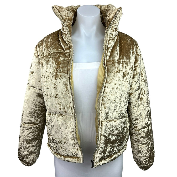 Boohoo Gold Metallic Velvet Zip Up High Neck Long Sleeve Outdoor Puffer Jacket 4