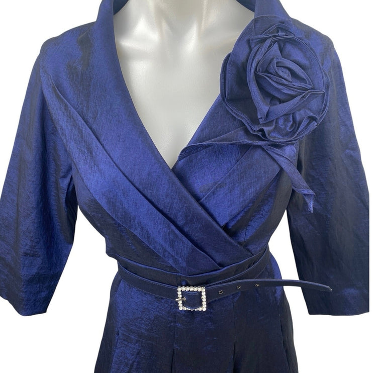 Jessica Howard Blue Taffeta Flower Pleated 3/4 Sleeve Belt Midi A-Line Dress 12P