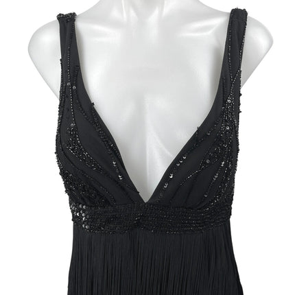 Marina Black Sequin Sleeveless Deep V-Neck Fringe Tank Sheath Mini Dre –  Brie