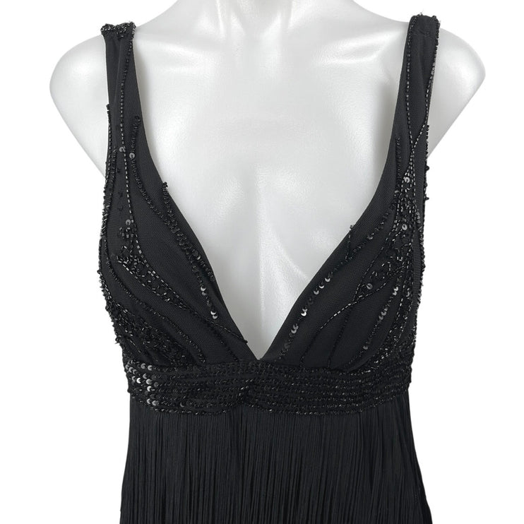 Marina Black Sequin Sleeveless Deep V-Neck Fringe Tank Sheath Mini Dress Size 10
