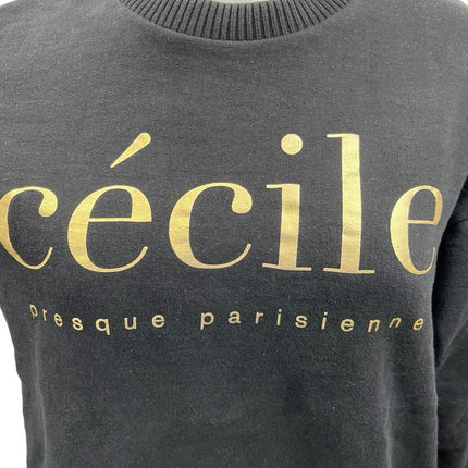 Etre Cecile Black Gold Metallic Logo Long Sleeve Pullover Sweatshirt Top Size M