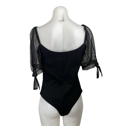 Lulus Women's Black Sheer Mesh Short Puff Sleeve Sweatheart Neck Bodysuit Top L