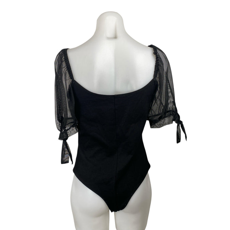 Lulus Women's Black Sheer Mesh Short Puff Sleeve Sweatheart Neck Bodysuit Top L