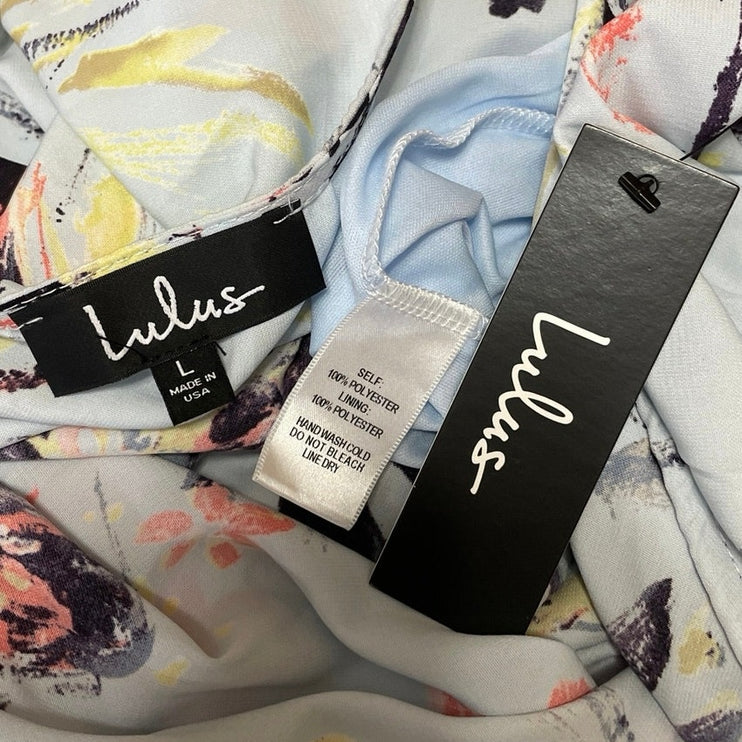 NEW Lulus Paraiso Light Blue 3/4 Sleeves Floral Wrap Kimono Jumpsuit Romper Sz L