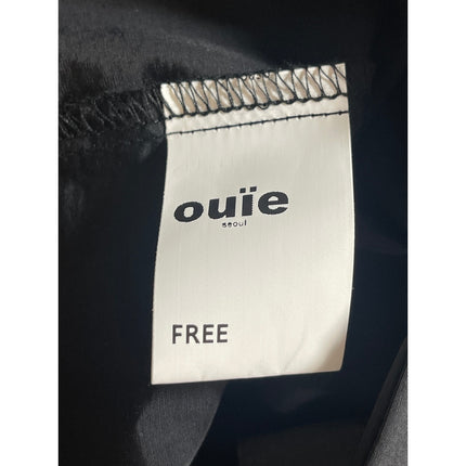 Ouie Women's Black Crew Neck Short Puff Sleeves Button Crop Blouse Top One Size