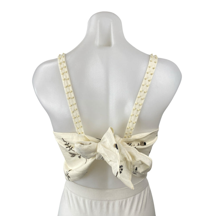 Zara Women's Cream Beaded Embroidered Leaf Sleeveless Tie Cami Crop Top Size L