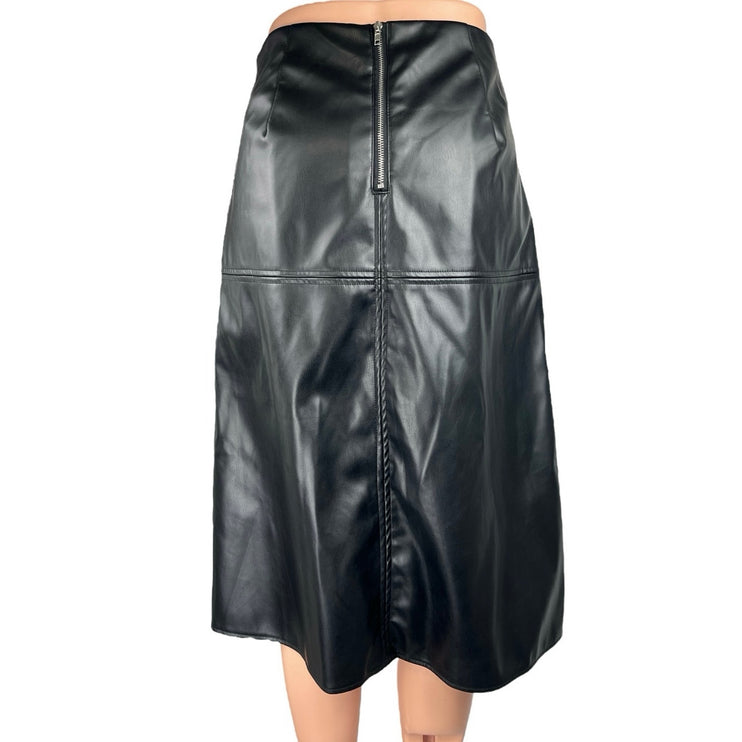 Women's Black Faux Vegan Leather High Waist Zipper A-Line Midi Skirt Size L