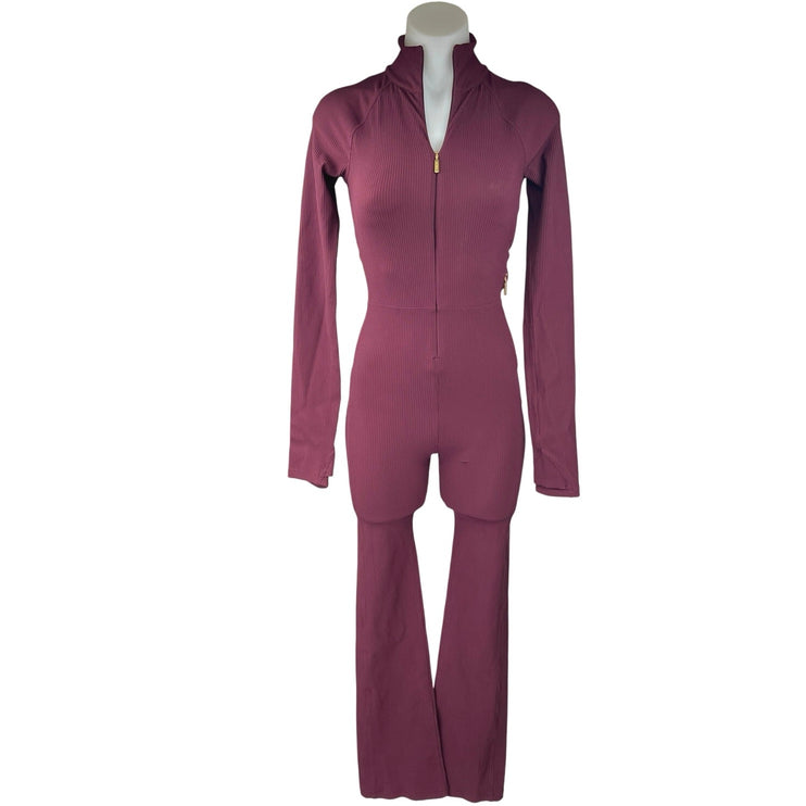 Athleta Alicia Keys Goddess Purple Rib Long Sleeve Zip Up Bodysuit Jumpsuit XXS