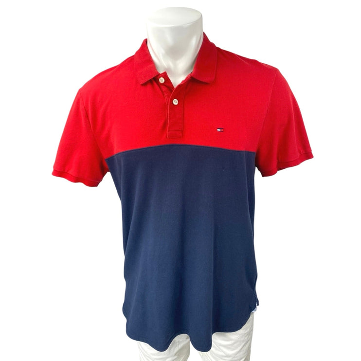 Tommy Hilfiger Men's Blue Red Colorblock Short Sleeve Button Polo Shirt Top Sz L