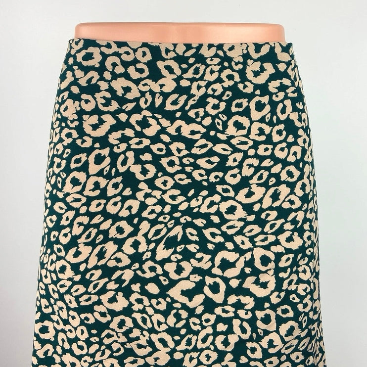 Shein Green Beige Leopard Animal Print Satin Zipper Chic Midi Slip Skirt Size 6