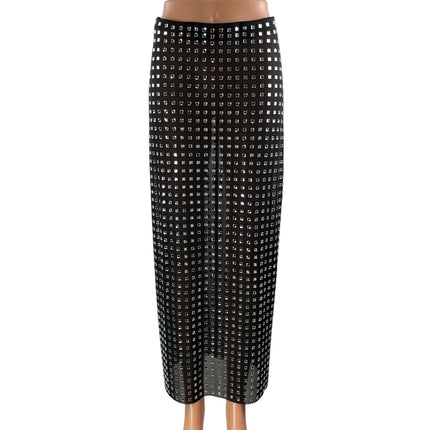 NBD Zenni Women's Black Silver Crystal Rhinestone Embellished Mesh Maxi Skirts S