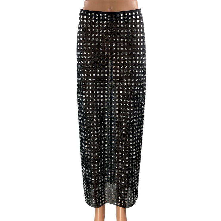 NBD Zenni Women's Black Silver Crystal Rhinestone Embellished Mesh Maxi Skirts S