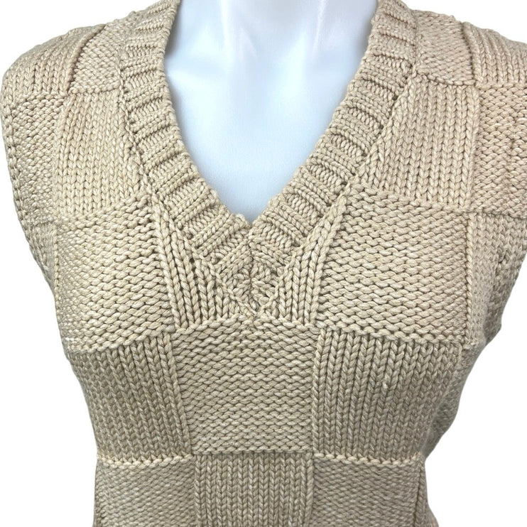 All Row Beige V-neck Checkered Plaid Crochet Knitted Sweater Vest Tank Top Sz S