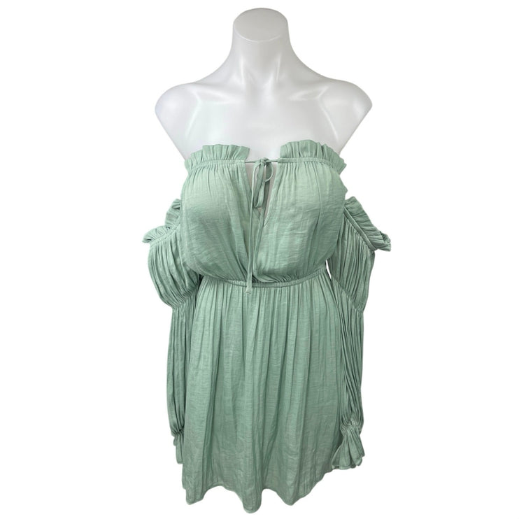 Forever 21 Green Off Shoulder Ruffle Tie Long Sleeve Elastic Waist Mini Dress M