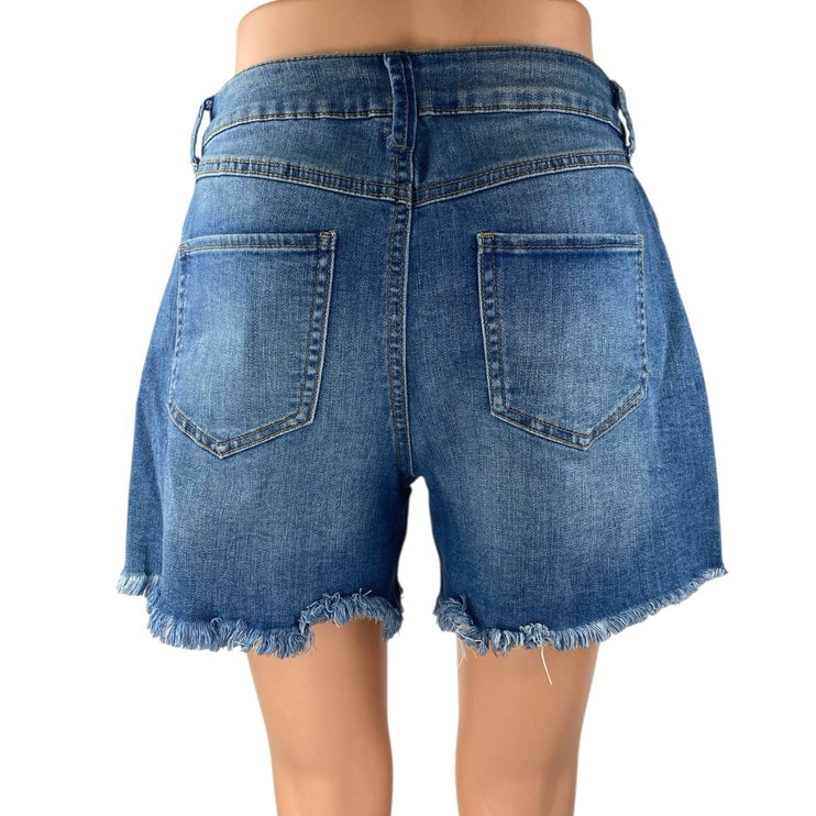 Rewash Womens Blue Distressed Frayed Raw Hem High Waisted Denim Jeans Shorts 28