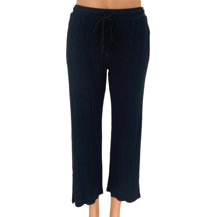 Aqua Black Ribbed Mid Rise Drawstring Cropped Relaxed Cozy Lounge Pants Size S