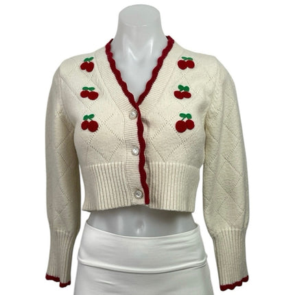 Cider Cream Red Strawberry Knit V Neck Button Up Crop Cardigan Sweater Size S