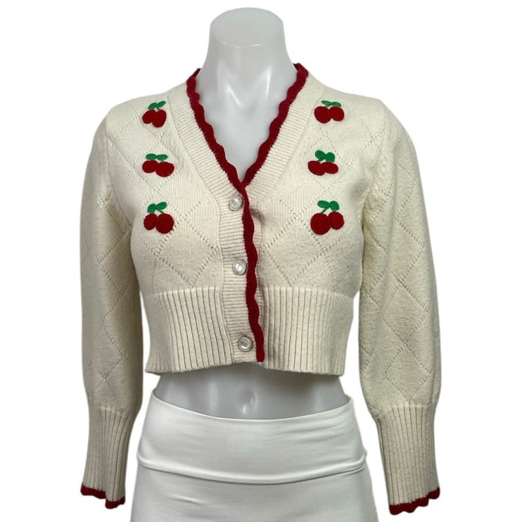 Cider Cream Red Strawberry Knit V Neck Button Up Crop Cardigan Sweater Size S