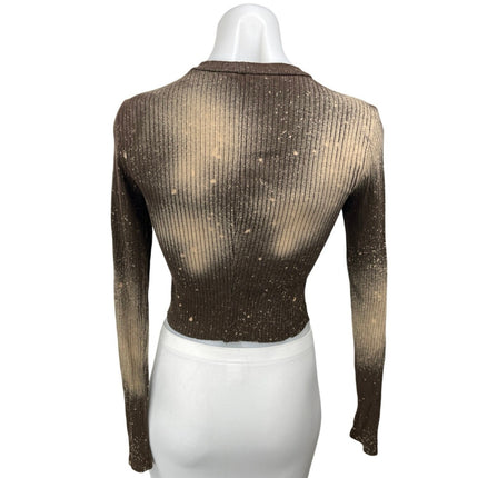 La Luxe Brown Tie Dye Galaxy Print Rib Knit Long Sleeve Crop Sweater Top Size S