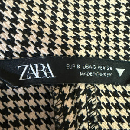 Zara Black Tan Houndstooth Ruched Long Sleeve Collar Button Mini Shirt Dress S