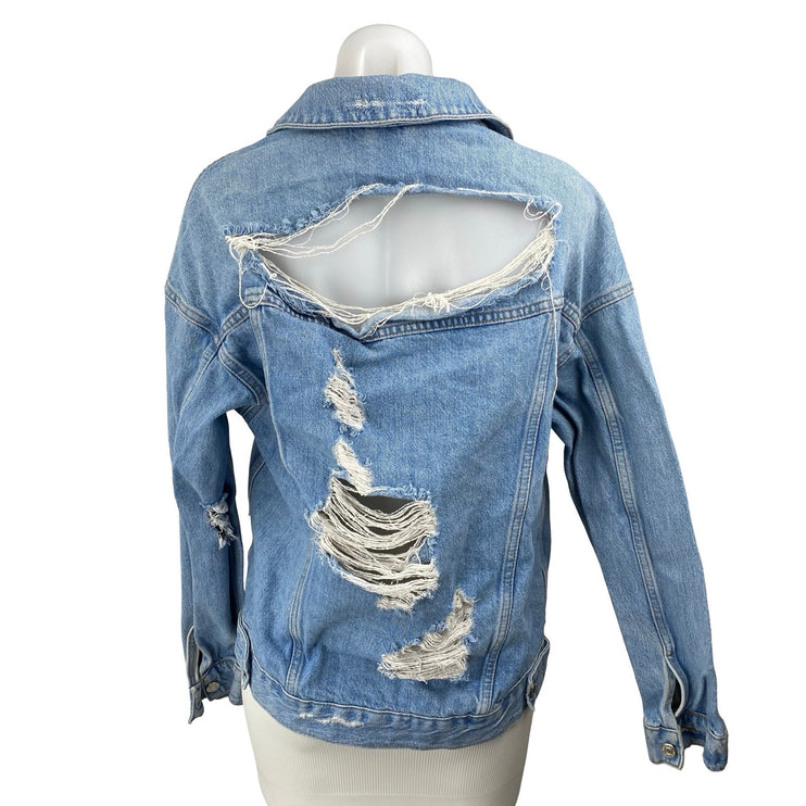 Topshop Women's Blue Distressed Long Sleeve Button Down Denim Jean Jacket Size 2