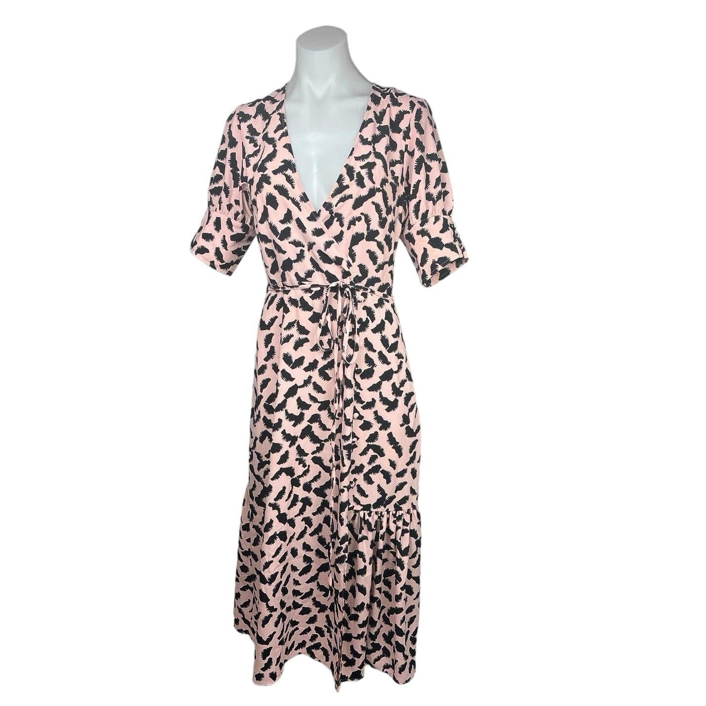 Topshop Pink V Neck Printed Tie Waist Drop Waist Flowy Midi Wrap Dress –  Brie