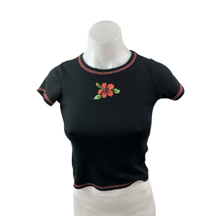 Art Class Hibiscus Embroidery Black Ribbed Crop Crew Neck Baby Tee T-Shirt Top L