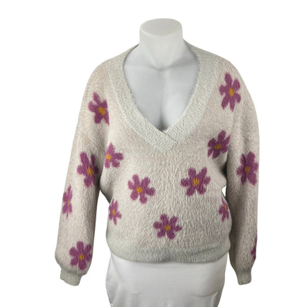 Listicle Women's Beige Floral Fleece V Neck Knit Long Sleeve Sweater Top Size M