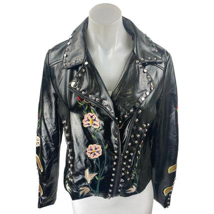 Ellie White Black Patent Faux Leather Studded Floral Embroidered Moto Jacket S