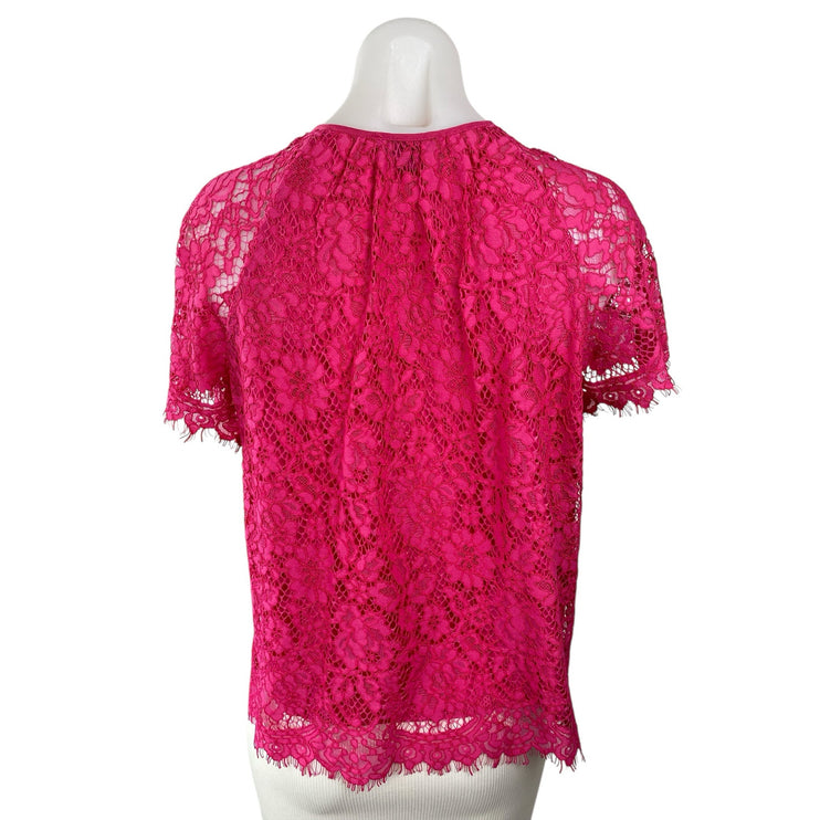 J.Crew Women's Pink Floral Lace Keyhole Round Neck Short Sleeve Blouse Top Sz S