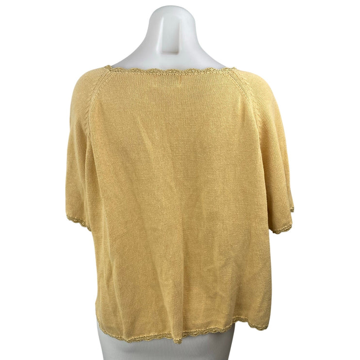 R&K Womens Yellow Floral Embroidered Short Sleeve Button Down Sweater Top Size M