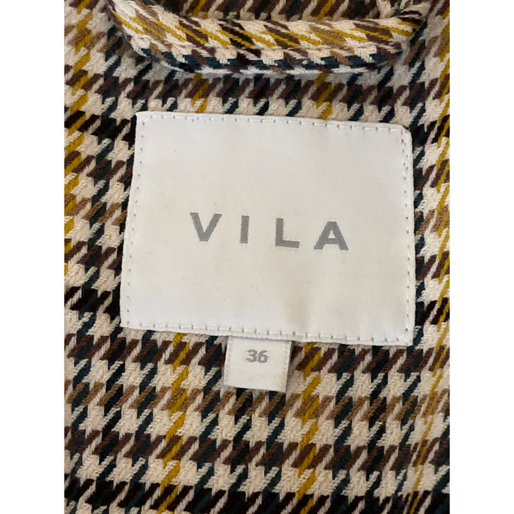 Vila Beige Plaid Tweed Collared Long Sleeve Pockets Blazer Coat Jacket Size 36
