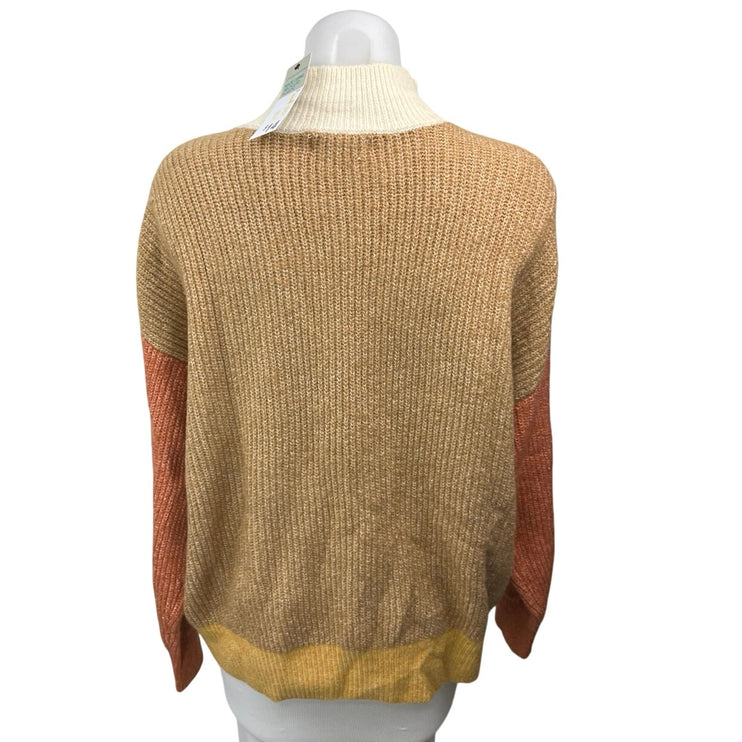 NEW Primark Brown Tan Colorblock Mock Neck Chunky Knit Pullover Sweater Top L