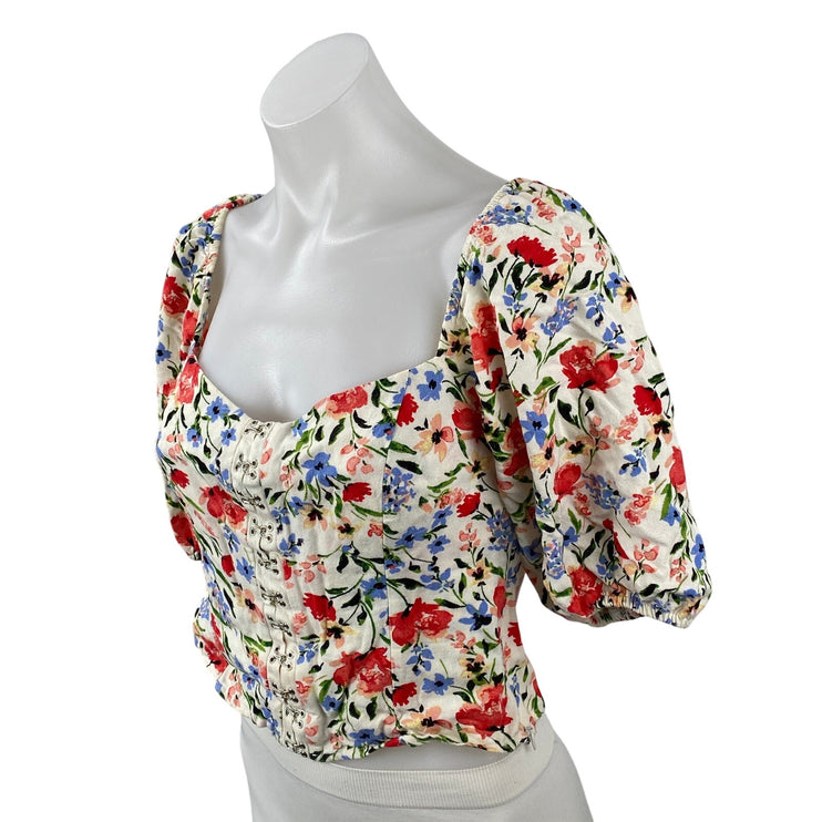ASTR The Label Multicolor Floral Short Puff Sleeve Corset Bustier Blouse Top S