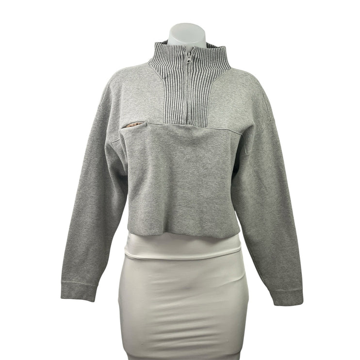 Lunya Cozy Women's Gray Cotton Silk Rib 1/4 Zip Pullover Cropped Sweater Size S