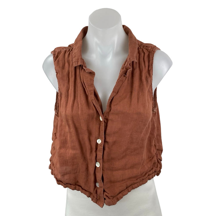 Rachel Zoe Brown 100% Linen Sleeveless V Neck Button Down Crop Shirt Top Size M