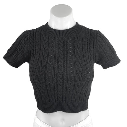 Free People Women's Black Cable Knit Short Sleeve Stretch Crop Sweater Top Sz S
