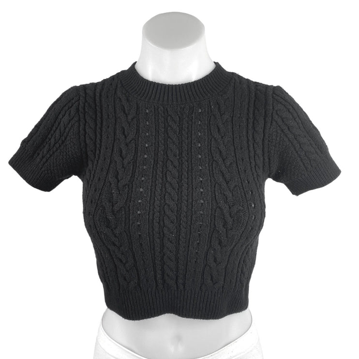Free People Women's Black Cable Knit Short Sleeve Stretch Crop Sweater Top Sz S