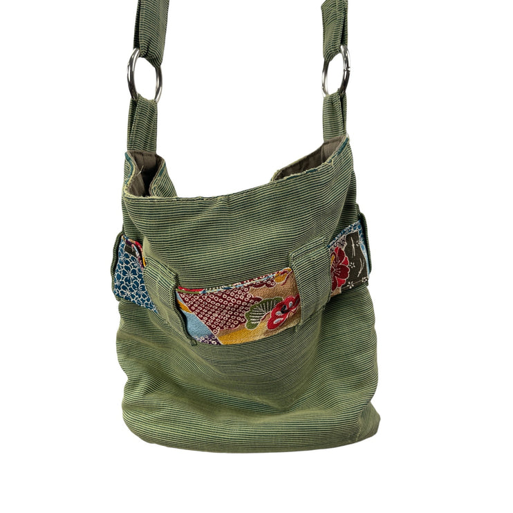Janine Marie Green Rib Crossbody Y2k Boho Floral Belted Bucket Hobo Handbag OS