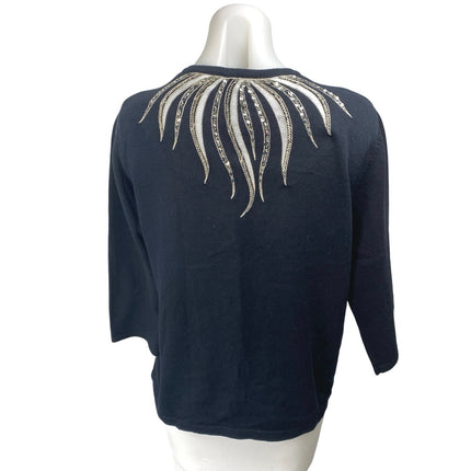 Bob Mackie Black Beaded Sequin 3/4 Sleeve Button Up Knit Cardigan Sweater Top M