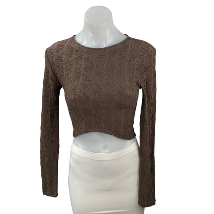Zara Women's Brown Embossed Textured Long Sleeve Knit Round Neck Crop Top Size M