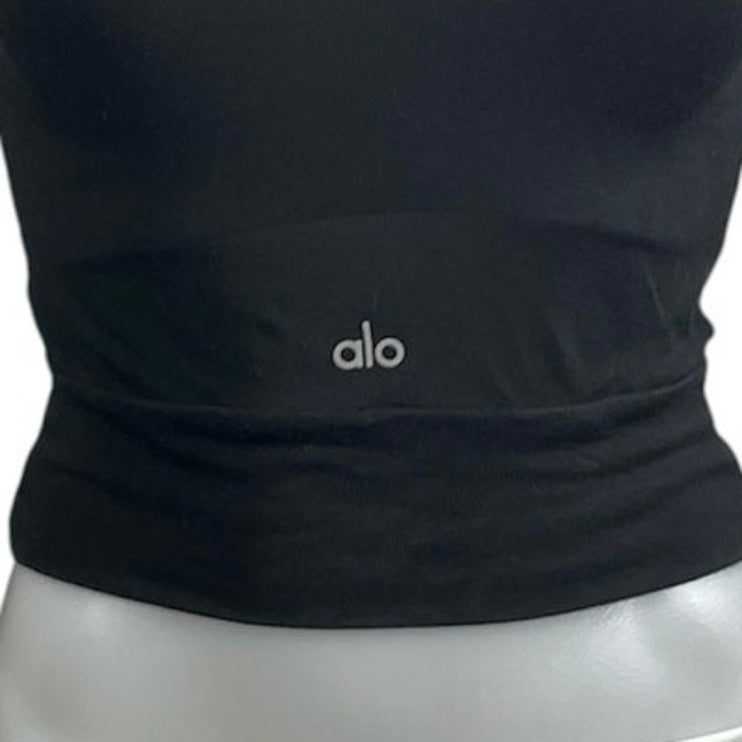 Alo Women's Black Crew Neck Long Sleeve Yoga Athletic Activewear Wrap Crop Top S