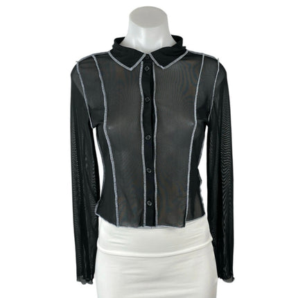 H&M Divided Black Sheer Mesh Collared Long Sleeve Button Down Shirt Blouse Top S