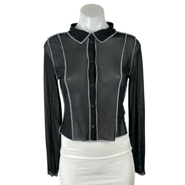 H&M Divided Black Sheer Mesh Collared Long Sleeve Button Down Shirt Blouse Top S
