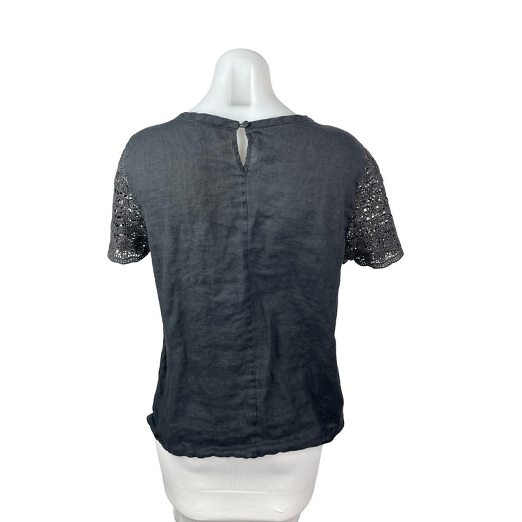 J.Crew Black 100% Linen Lace Crochet Short Sleeve Round Neck Blouse Top Size 6