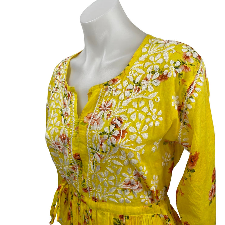 Women's Yellow Floral Embroidered 3/4Sleeve Anarkali Ethnic Maxi A-Line Dress 38