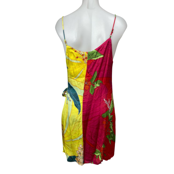 NEW Farm Rio Multicolor Floral Satin Sleeveless V Neck Mini Tie Wrap Dress Sz M