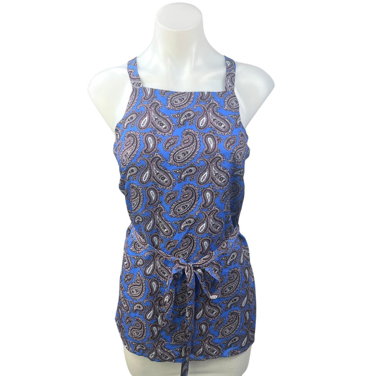 Banana Republic Blue Black Paisley Sleeveless Tie Waist Tunic Blouse Top Sz XS