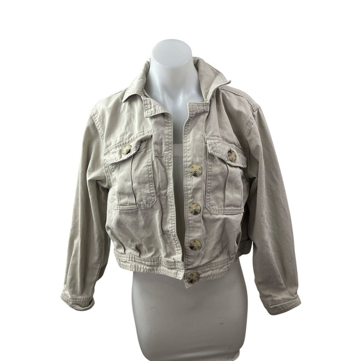 BlankNYC Women's Beige Long Sleeve Utility Button Down Crop Denim Jean Jacket S